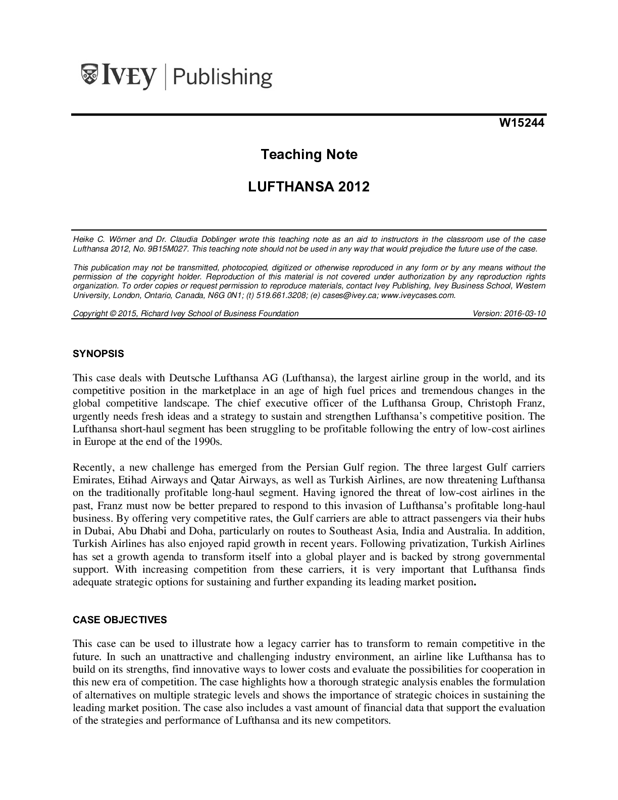 Preview image of Case Solutions/ Notes for Lufthansa 2012, by Heike C. Worner document